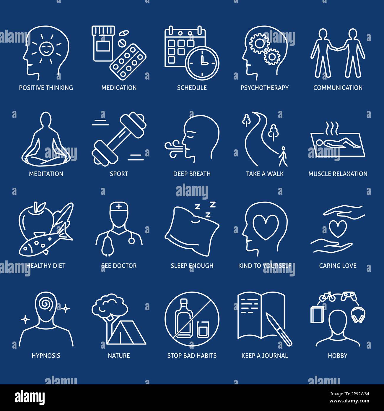 Icona benessere e cura di sé impostata in stile linea. Mantenere una buona salute mentale e fisica. Illustrazione vettoriale. Illustrazione Vettoriale
