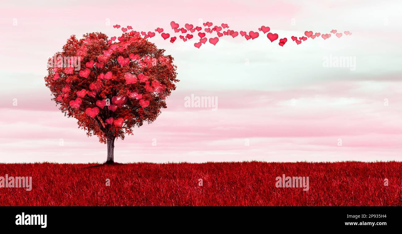 Albero rosso a forma di cuore con cuori rossi Foto Stock