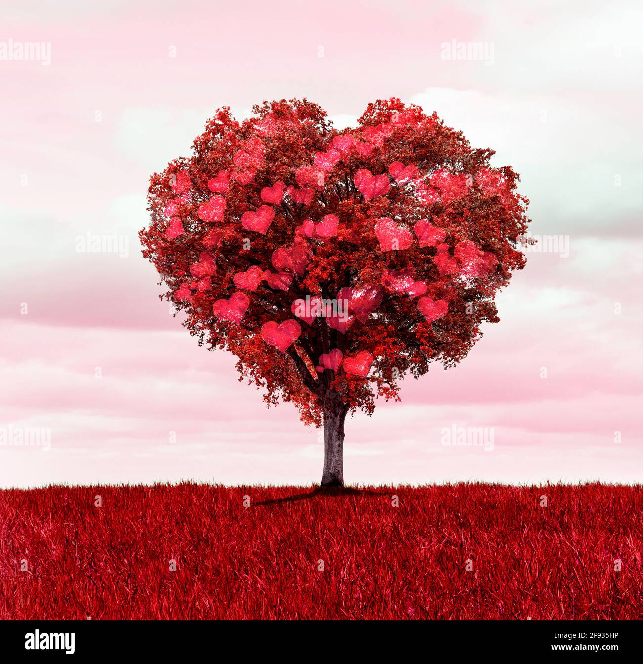 Albero rosso a forma di cuore con cuori rossi Foto Stock