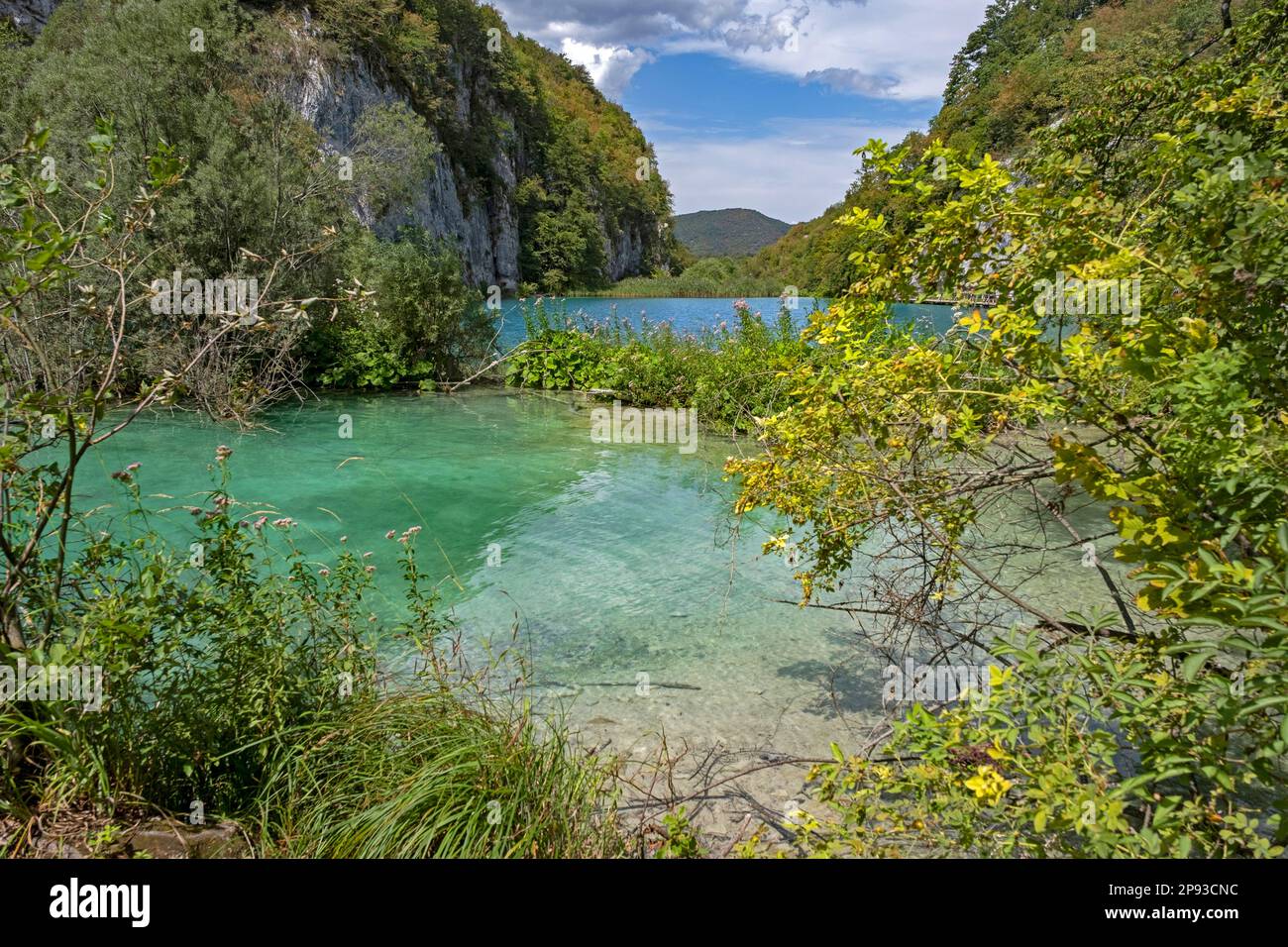 Lago nel Parco Nazionale dei Laghi di Plitvice / Parco Nacionalni Plitvička jezera nella Contea di Lika-Senj, Croazia Foto Stock