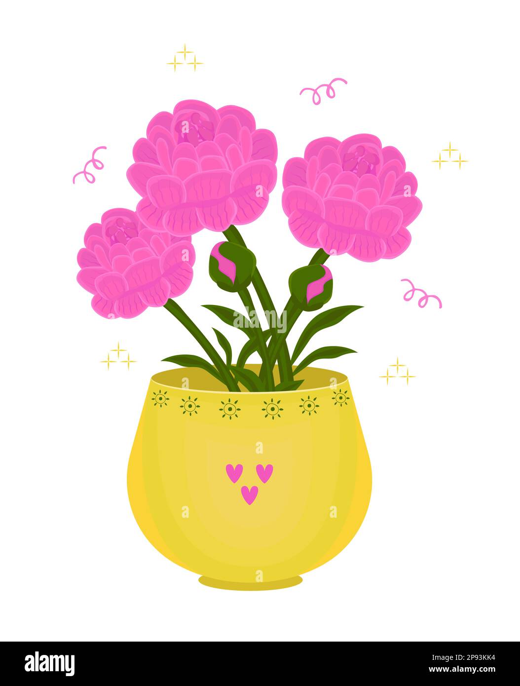 Bouquet di peonie rosa in vaso giallo, illustrazione colorata Illustrazione Vettoriale