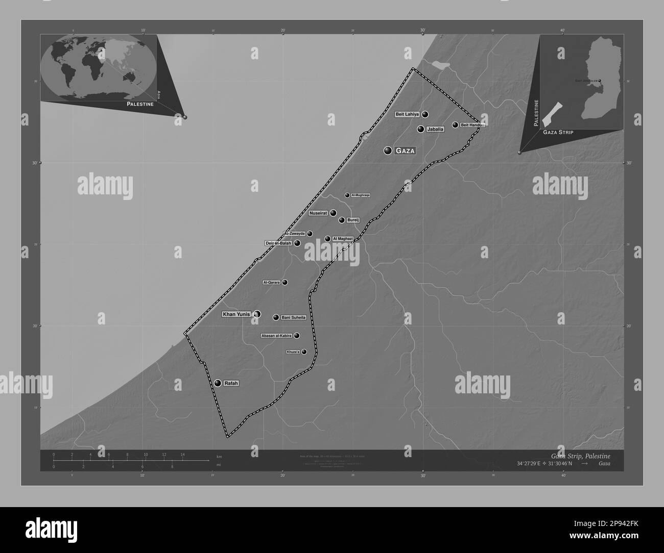 Striscia di Gaza, regione della Palestina. Mappa altimetrica bilivello con laghi e fiumi. Località e nomi delle principali città della regione. Posizione ausiliaria d'angolo Foto Stock