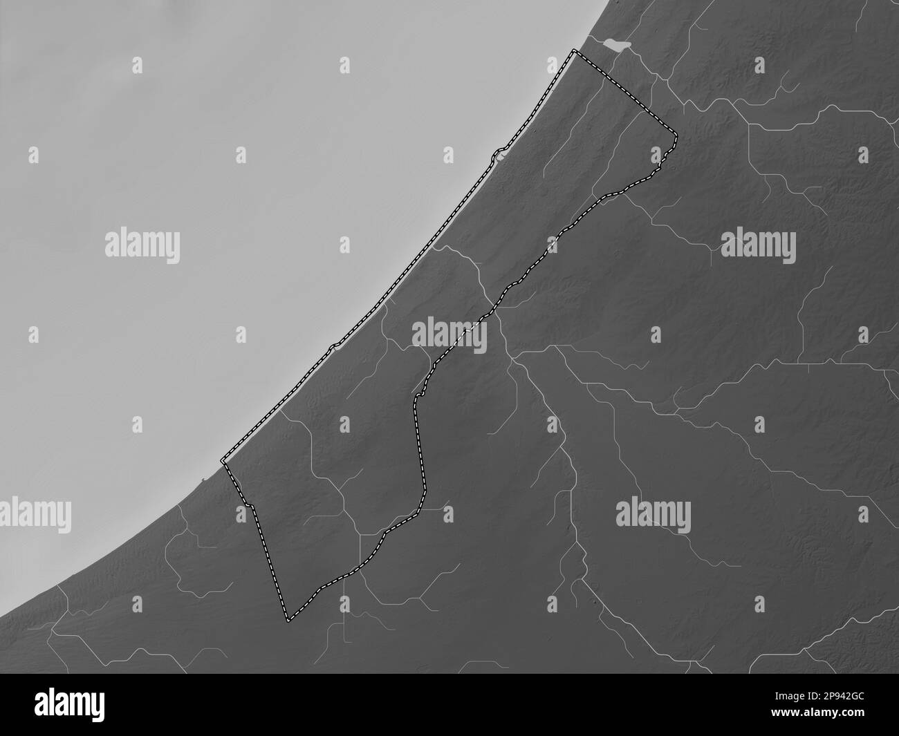 Striscia di Gaza, regione della Palestina. Mappa in scala di grigi con laghi e fiumi Foto Stock