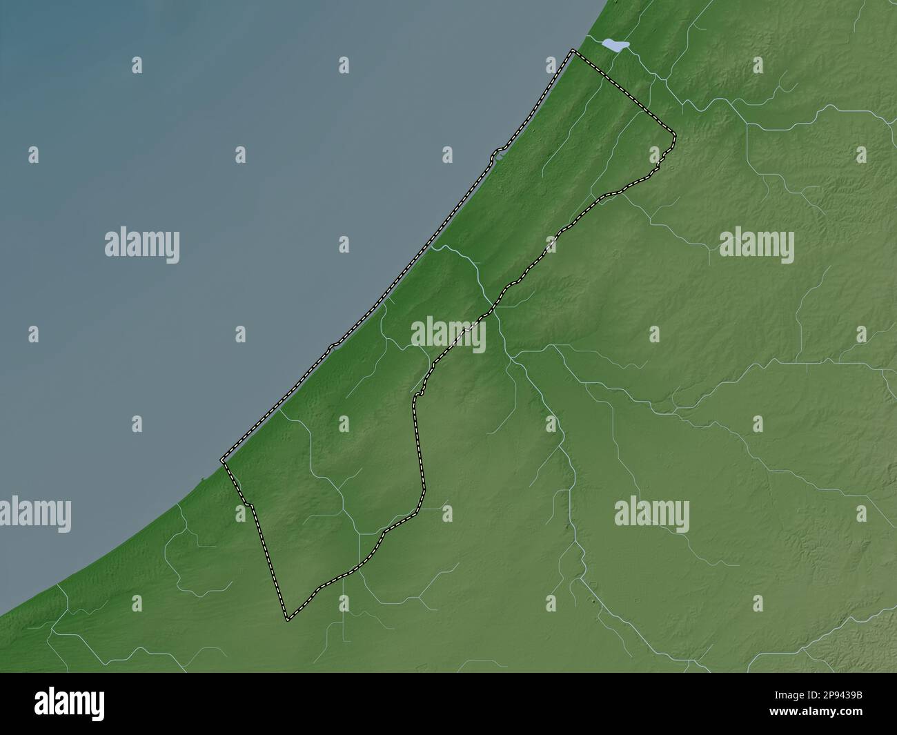 Striscia di Gaza, regione della Palestina. Mappa dell'altitudine colorata in stile wiki con laghi e fiumi Foto Stock