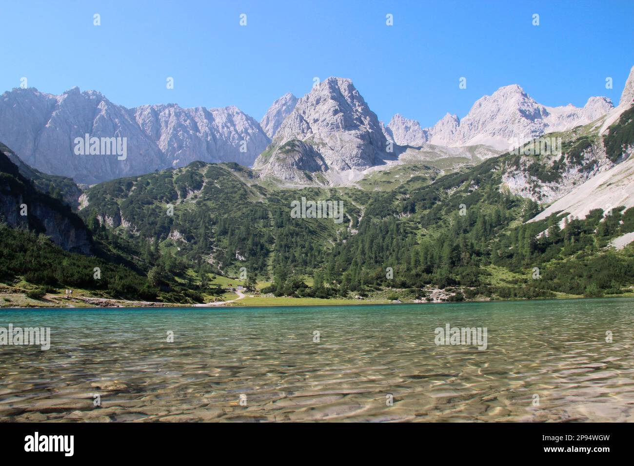 Austria, Tirolo, Ehrwald, Seebensee, superficie dell'acqua, lago, lago di montagna, paesaggio montano, massiccio montano, Foto Stock