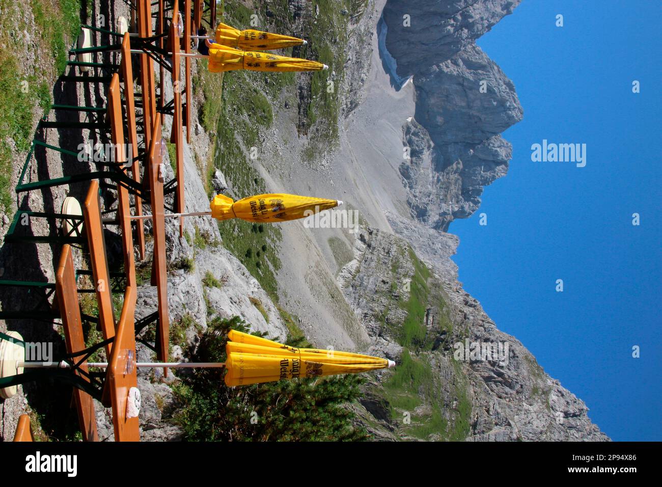 Vista sulla terrazza del Coburger Hütte, rifugio DAV, sulla catena montuosa Mieminger. Ehrwald, tavoli da birra, panca di birra, ombrellone, Tirolo, Austria Foto Stock