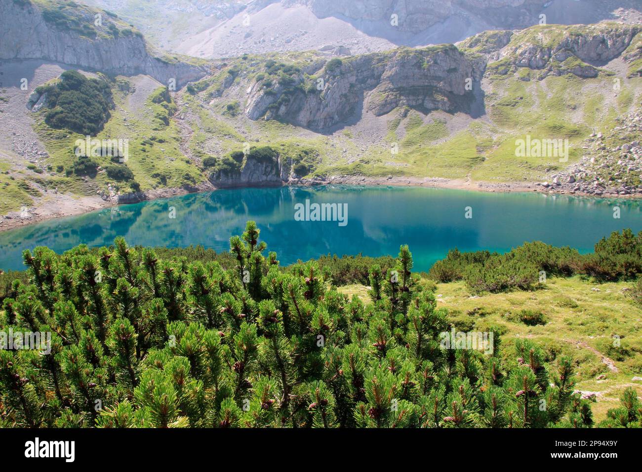 Vista da Coburger Hütte, rifugio DAV, a Drachensee, catena montuosa Mieminger. Ehrwald, Tirolo, Austria Foto Stock