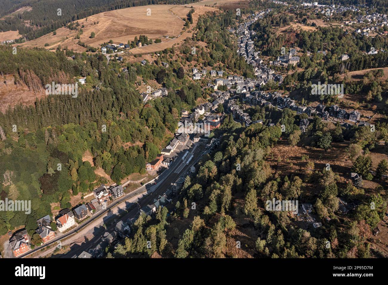 Germania, Turingia, Lauscha, piccola città, si estende su diverse valli strette, stazione ferroviaria, due treni regionali, montagne, foresta, panoramica, vista obliqua, vista aerea Foto Stock