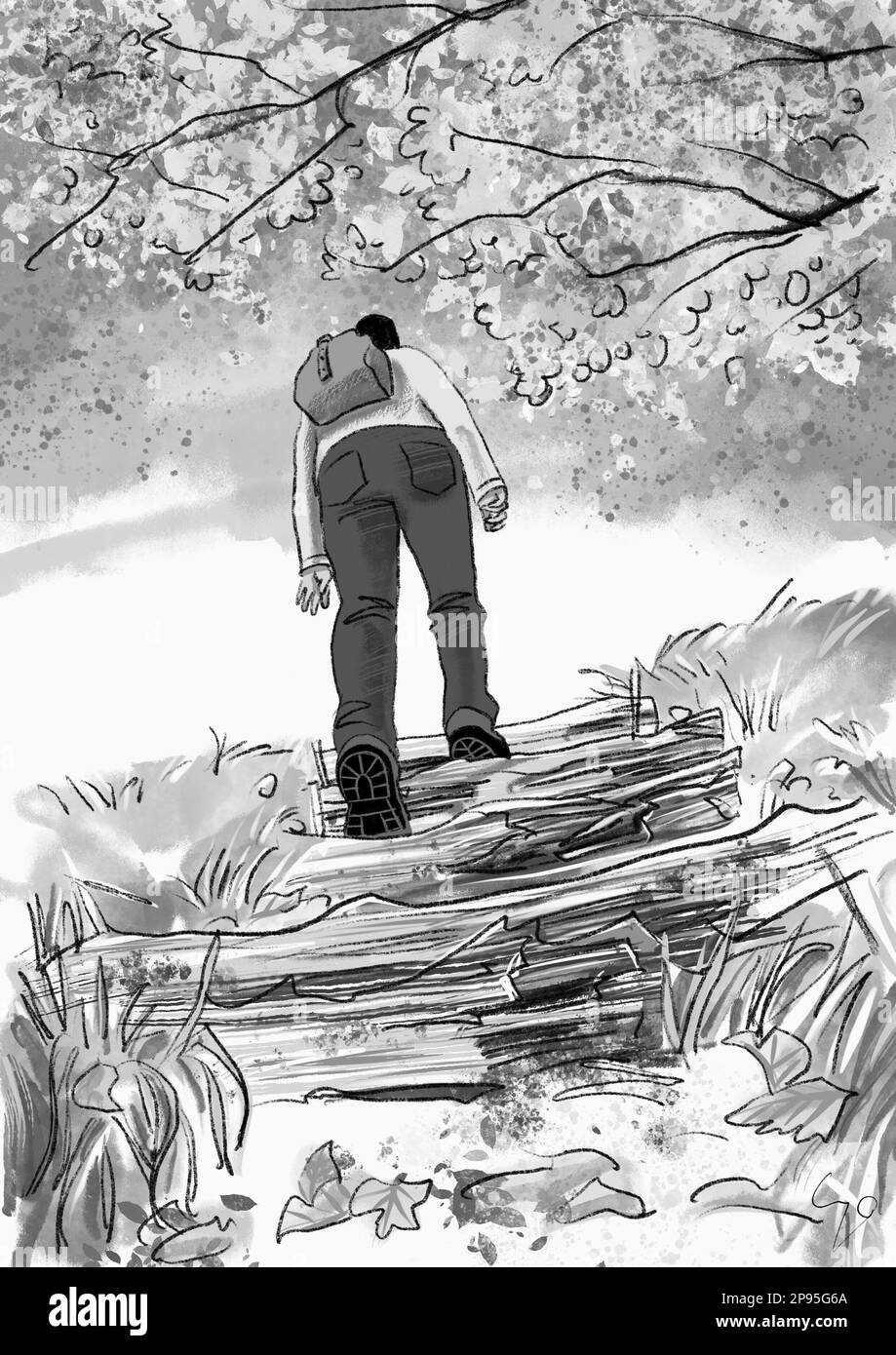 Escursionista su una via ferrata nel paesaggio autunnale. Nero - bianco - disegno Foto Stock