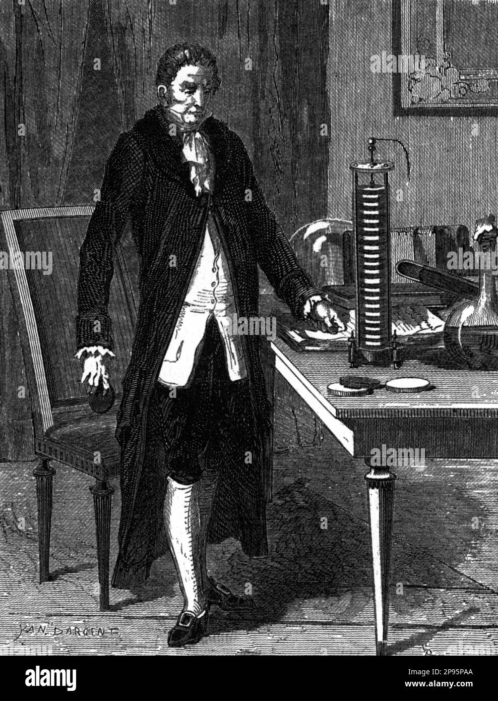 Il fisico italiano ALESSANDRO VOLTA ( 1745 - 1827 ) , dimostrando la sua batteria ( illustrazione di LES MERVEILLES DE LA SCIENCE di Louis Figuier , Parigi , 1870 , Francia ). - Foto storiche - foto storica - scienziato - scienziato - ritratto - fisica - FISICO - SCIENZA - SCIENZA - illustrazione - PILA Voltaica ELETTRICA - ELETTRICITa' - ELETTICITÀ - batterio - batteria ---- Archivio GBB Argenzia Foto Stock