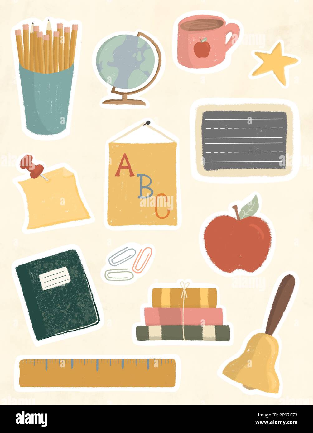 Una collezione di illustrazioni di forniture per insegnanti e forniture per ritorno a scuola Foto Stock