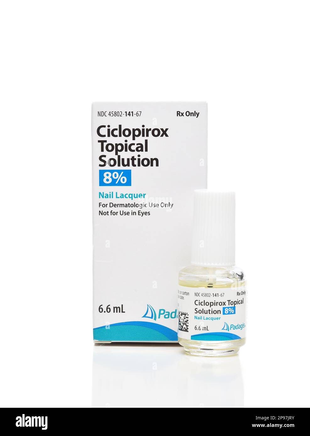 IRVINE, CALIFORNIA - 10 MAR 2023: Ciclopirox soluzione topica, lacca per unghie, prescrizione medica da Padgis. Foto Stock