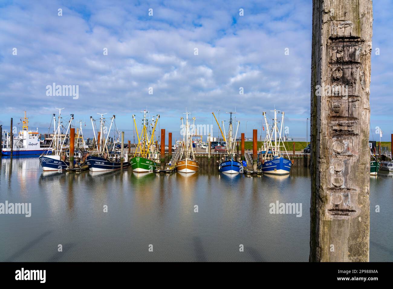 Barche da pesca, granchio taglierina nel porto di Norddeich, bassa Sassonia, Germania Foto Stock