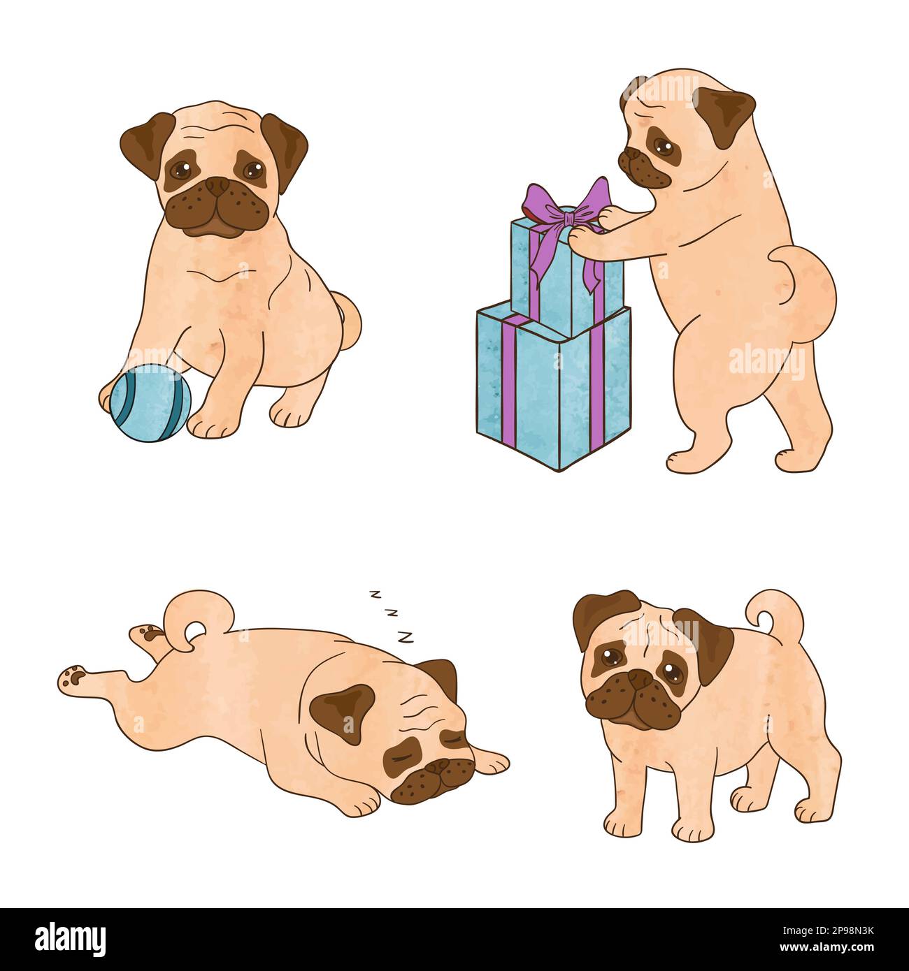 Set di graziosi boccioli acquerelli isolati su bianco. Illustrazione vettoriale di cani da cartone animato. Illustrazione Vettoriale