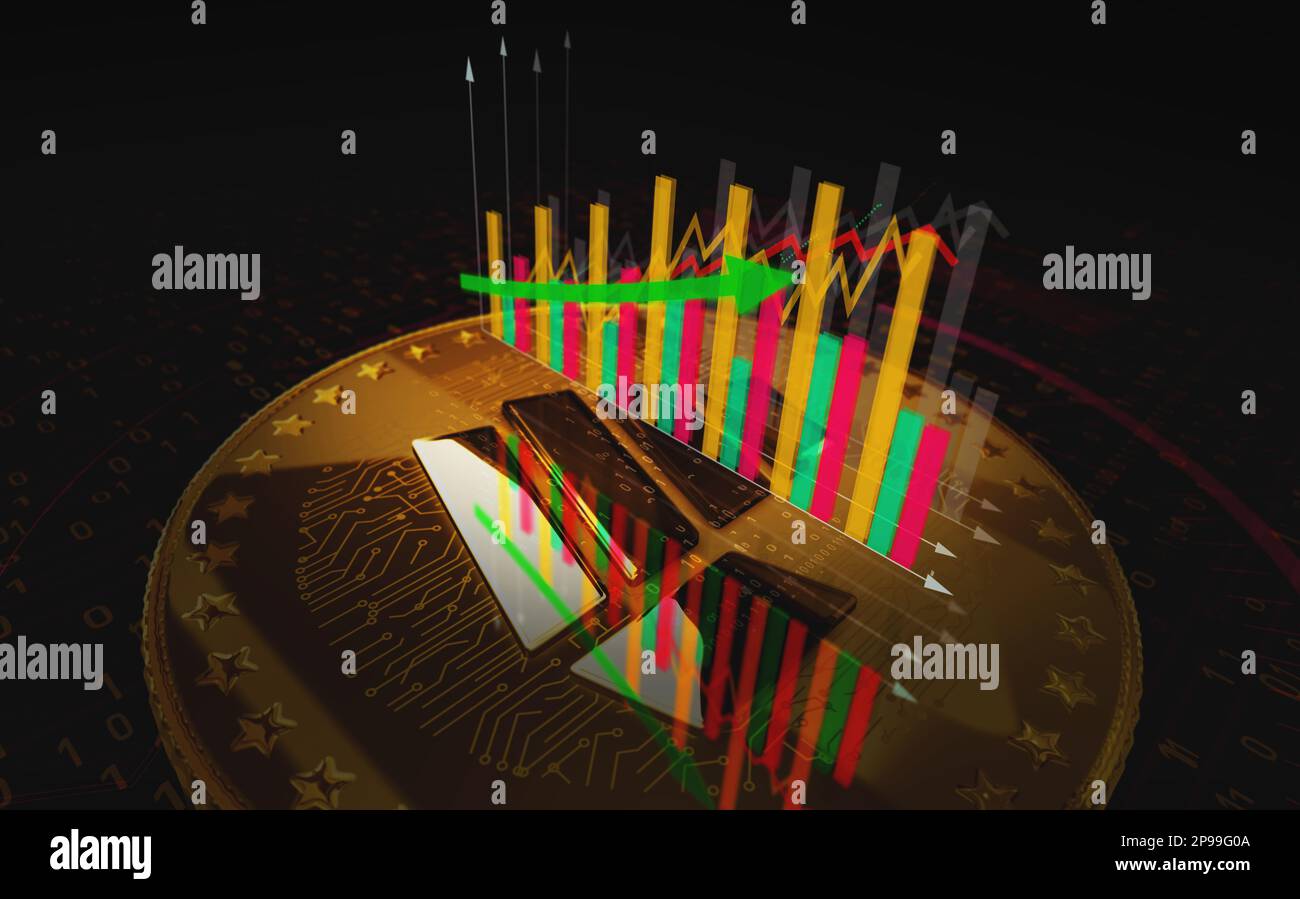 Combatti cripto FGHT criptovaluta moneta d'oro sopra la carta. Grafico dell'andamento dei prezzi con linea in crescita e in calo. Pagamento online e transazione abstr Foto Stock