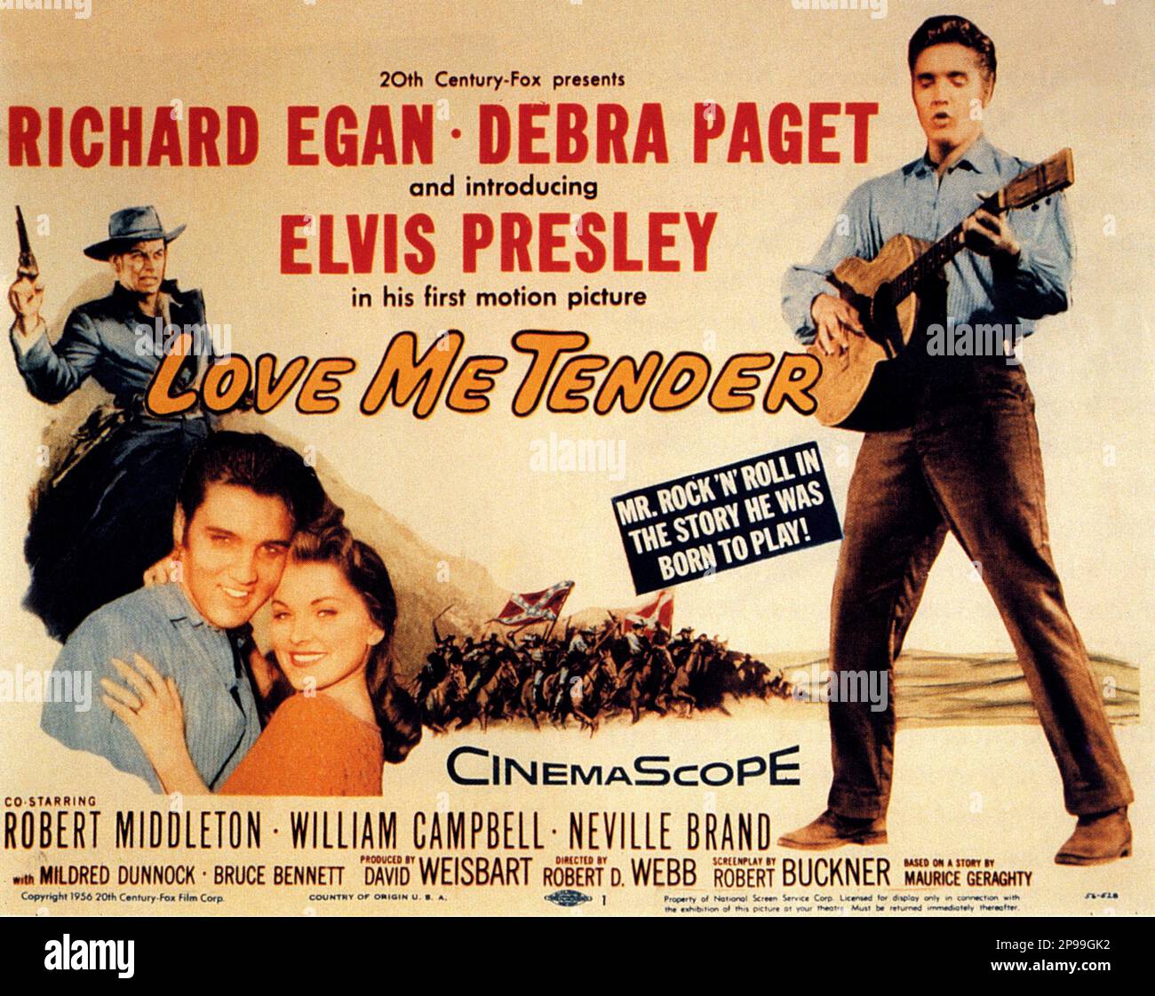 1956 : il poster pubblicitario per il film LOVE ME TENDER di Robert D. Webb con ELVIS PRESLEY e Debra Paget e Richard Egan - FILM - CINEMA - poster publicitario - poster - pubblicità - locandina ---- Archivio GBB Foto Stock