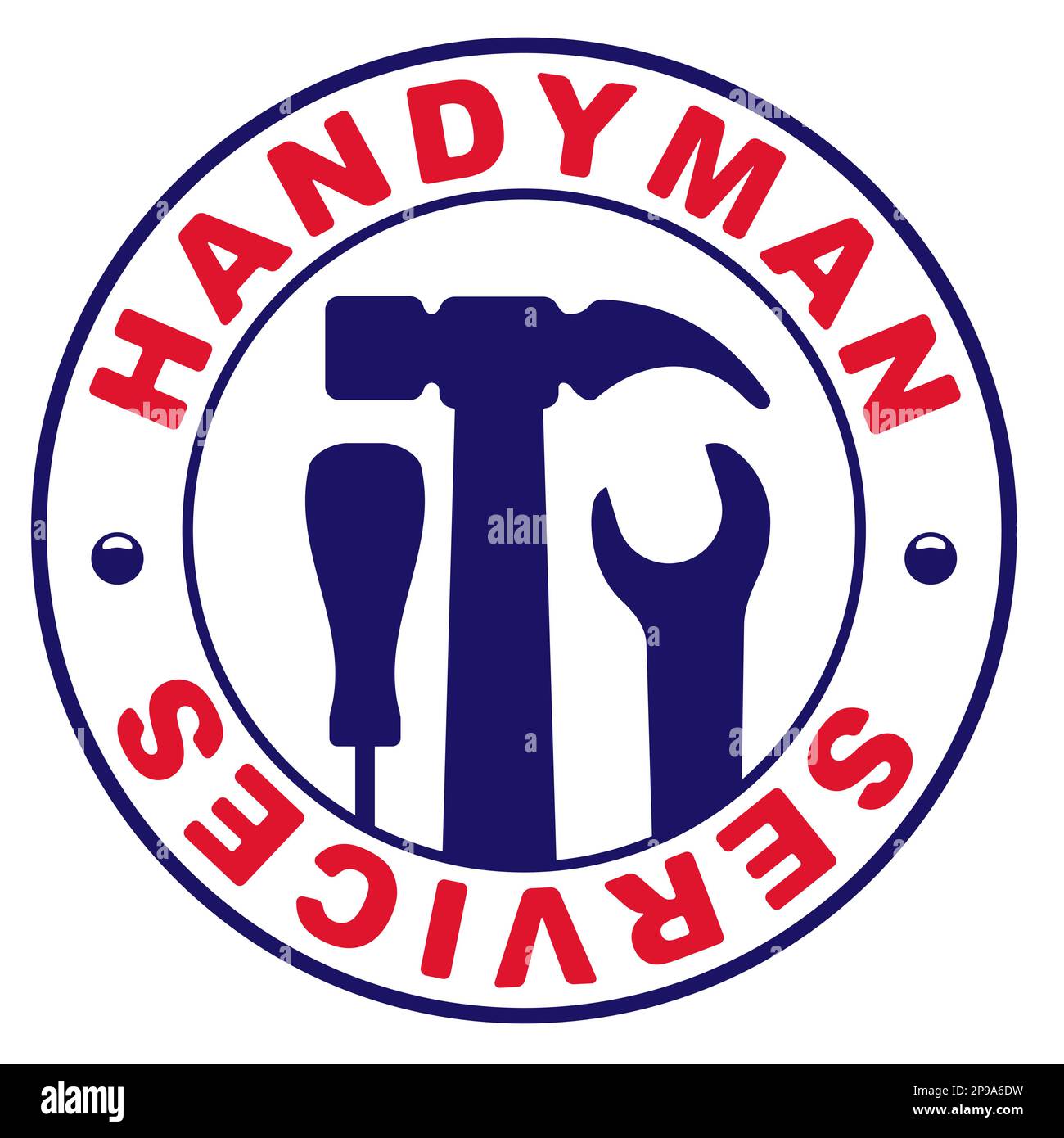 Handyman servizi di disegno vettoriale rotondo per il vostro marchio o emblema con l'insieme degli attrezzi del lavoratore. Sono presenti chiave, cacciavite, martello. Illustrazione Vettoriale