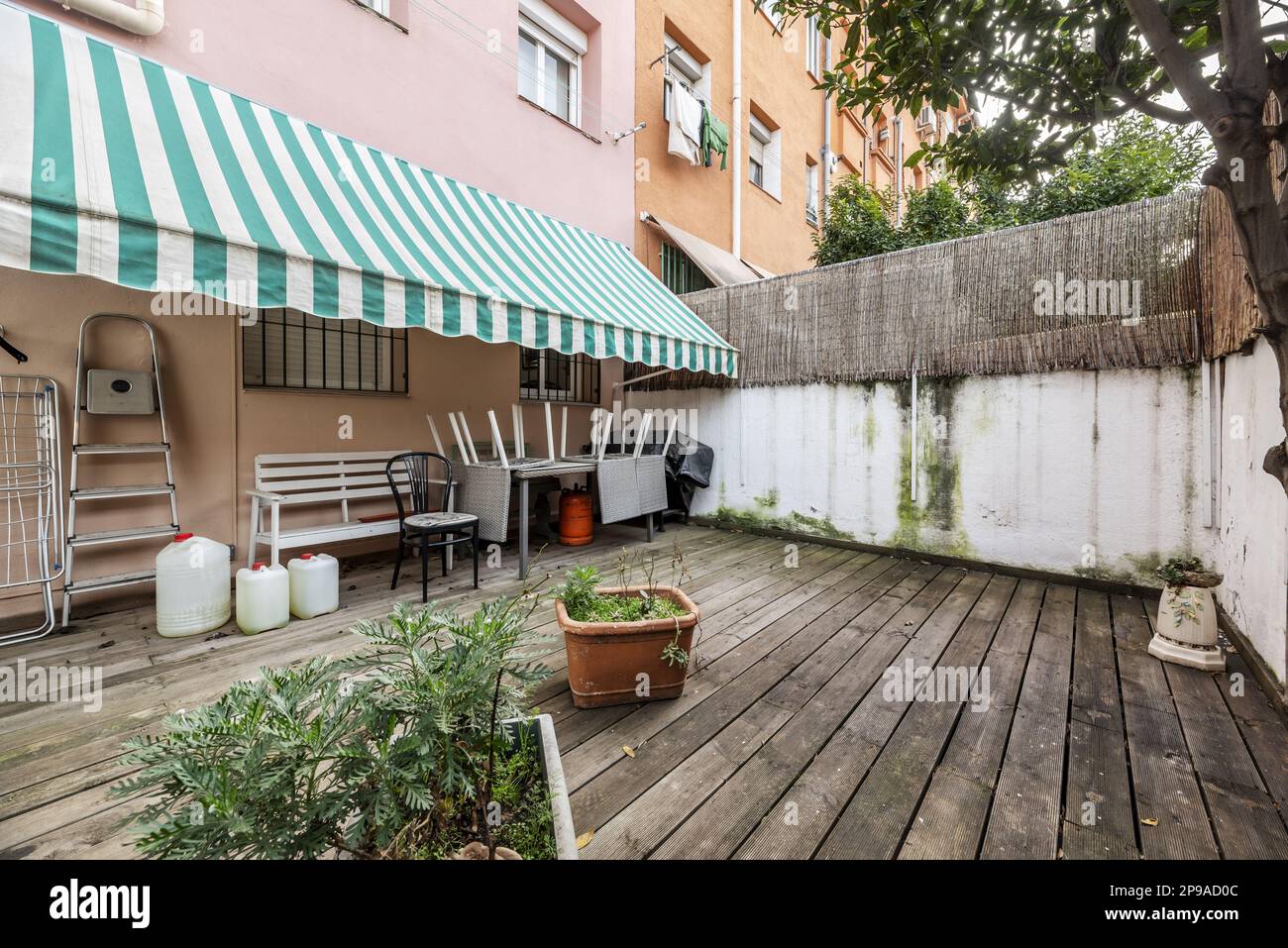 Terrazza patio di una casa al piano terra con alcune piante e pavimenti in legno di acacia non verniciato Foto Stock