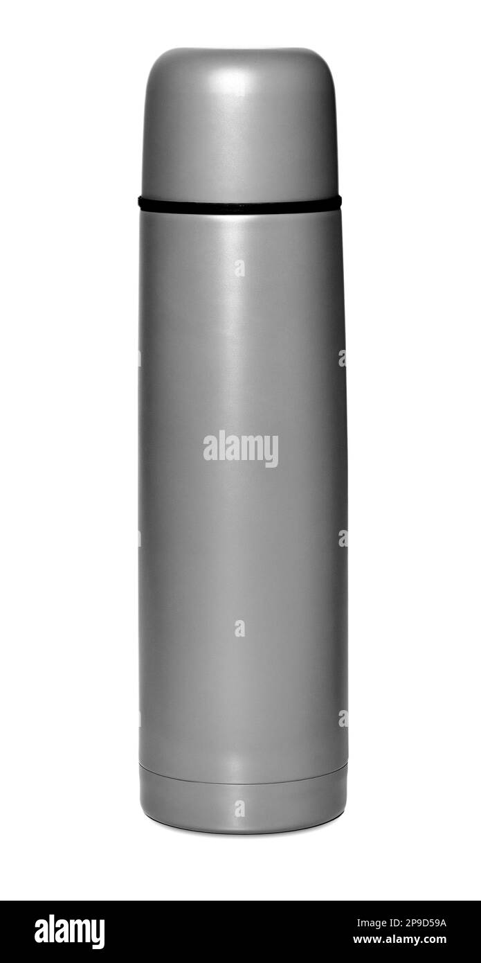 I thermos da viaggio per bevande calde isolati su sfondo bianco Foto Stock