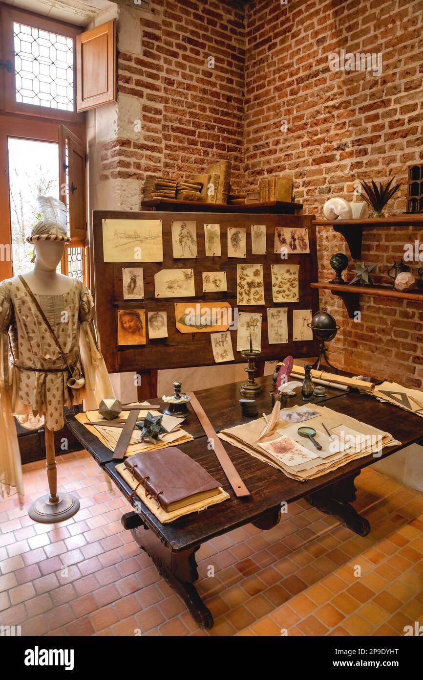 Lo studio di Leonardo da Vinci all'interno del castello di Clos Lucé ad Amboise, Francia Foto Stock