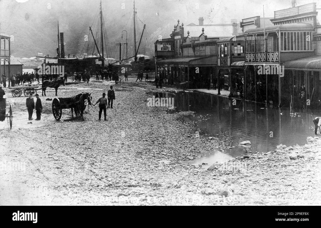 Conseguenze delle inondazioni a Mawhera Quay, Greymouth, Westland, Nuova Zelanda, 25-6-1905 Foto Stock