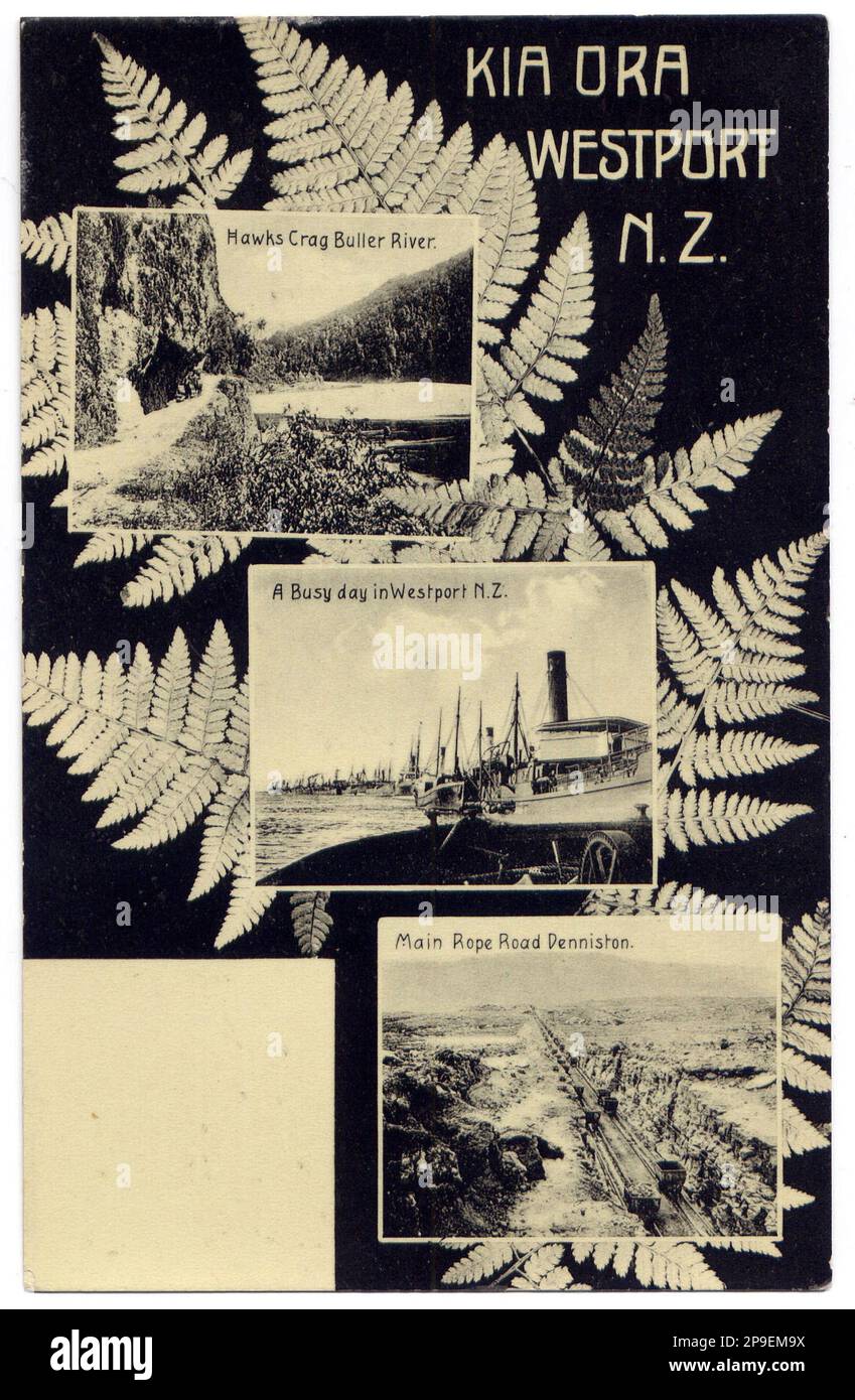 Cartolina delle attrazioni a Westport, Westland, Nuova Zelanda, probabilmente 1920s. Foto Stock