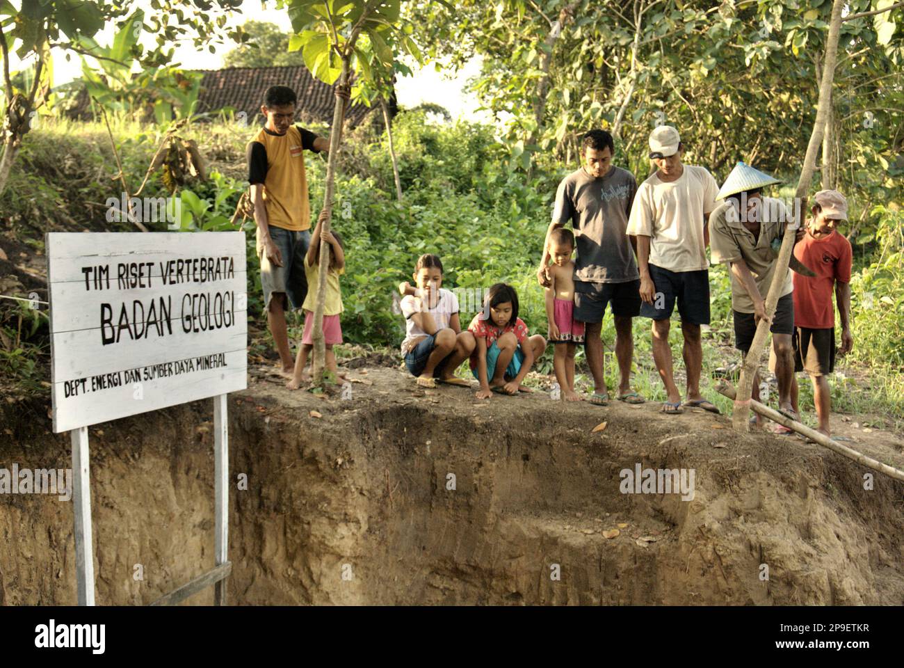 Gli abitanti del villaggio stanno prestando attenzione allo scavo di ossa fossilizzate di una specie di elefante estinta scientificamente identificata come Elephas hysudrindicus, o popolarmente chiamato 'elefante di Blora', a Sunggun, Mendalem, Kradenan, Blora, Giava centrale, Indonesia. In seguito a un rapporto di una scoperta di un villager, il team di scienziati della ricerca sui vertebrati (Agenzia geologica, Ministero indonesiano dell'energia e delle risorse minerali), guidato da Kurniawan e Fachroel Aziz, ha condotto uno scavo e ha scoperto quasi interamente le ossa della specie (circa il 90% completo) che in seguito permetterebbe loro di costruire un... Foto Stock