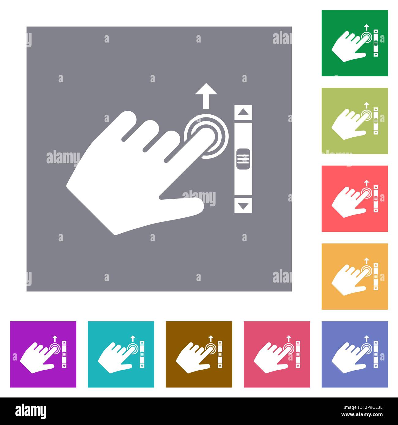 Icone piatte a scorrimento verso l'alto con la mano sinistra su sfondi quadrati di colore semplice Illustrazione Vettoriale