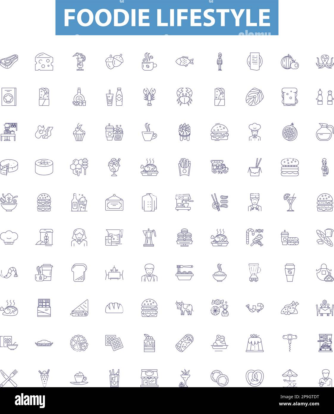 Icone linea stile di vita da buongustai, set di segni. Gourmet, cucina, canto, dieta, cucina, Mangiare, pascolo, banchetto, cena delineare illustrazioni vettoriali. Illustrazione Vettoriale