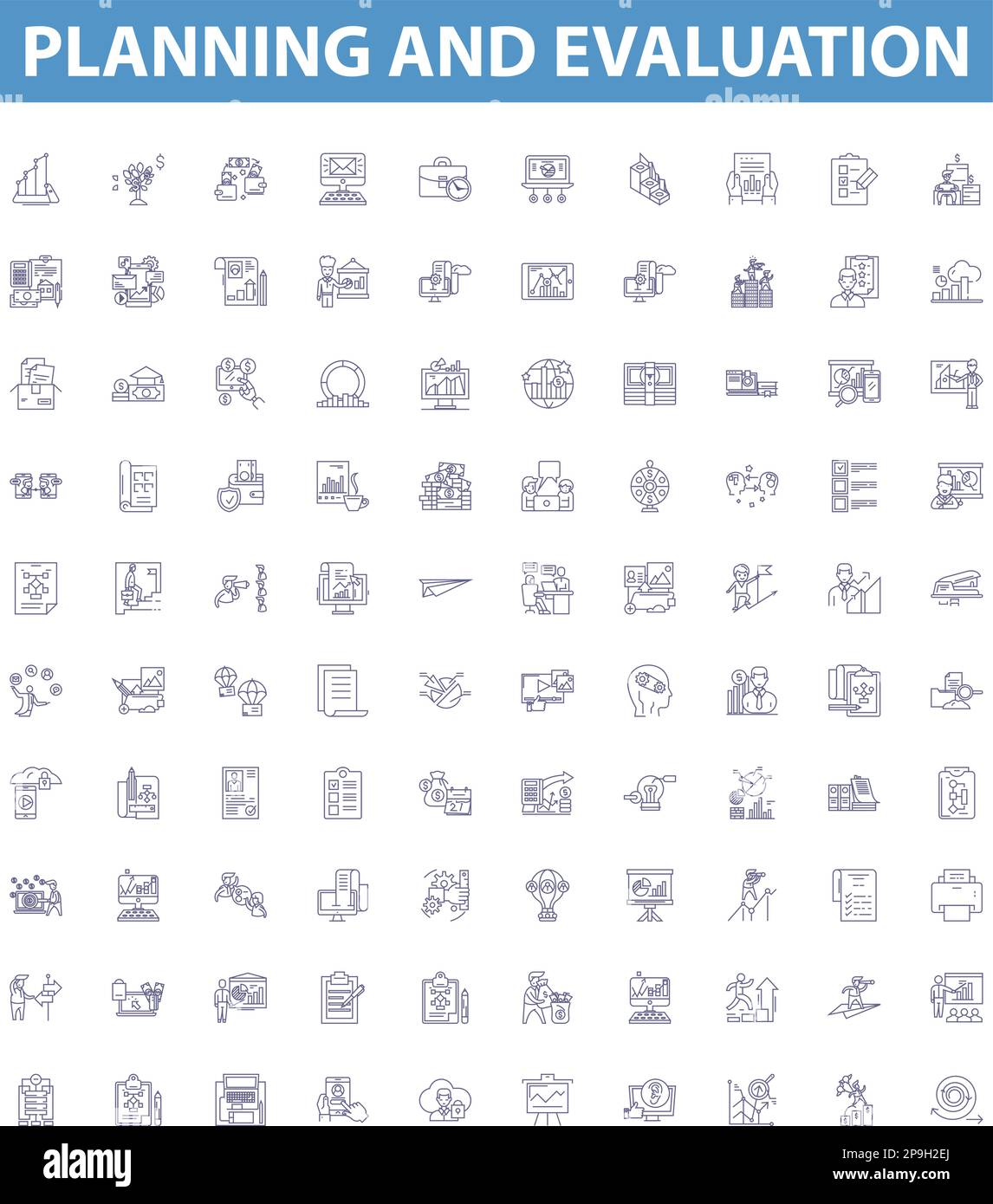 Icone delle linee di pianificazione e valutazione, set di segni. pianificazione, valutazione, strategia, visione, missione, obiettivo, obiettivo, risultato, vettore di contorno metrico Illustrazione Vettoriale
