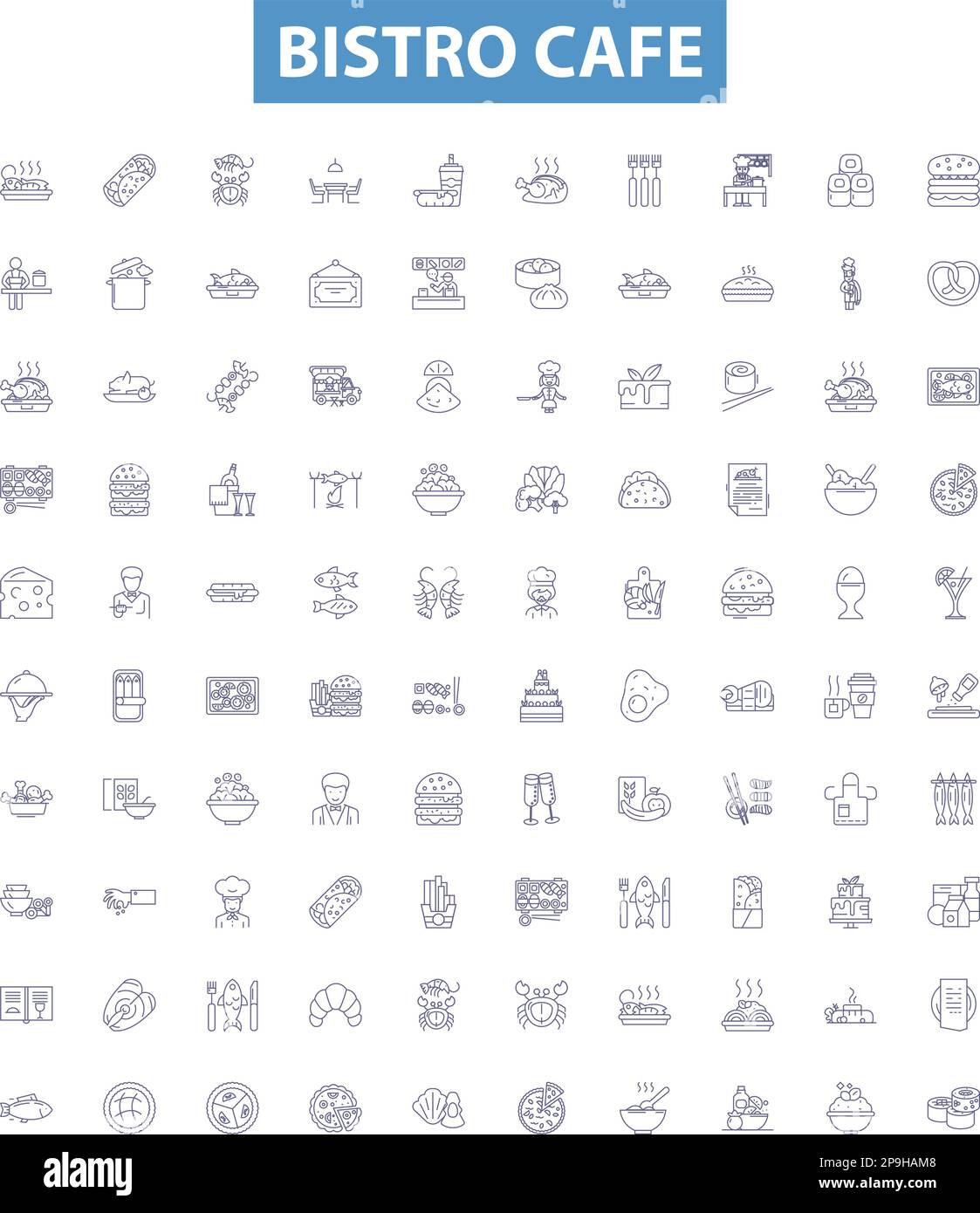 Icone della linea del caffè del bistrot, segnaletica. Bistro, caffè, ristorante, cucina, Caffè, colazione, pranzo, cena delineare illustrazioni vettoriali. Illustrazione Vettoriale
