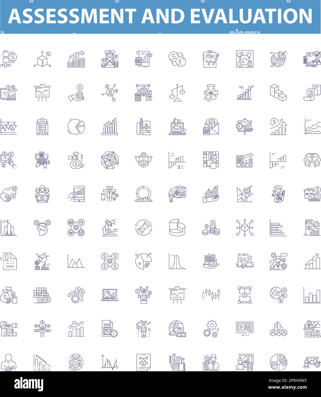 Icone delle linee di valutazione e valutazione, set di segni. valutazione, valutazione, analisi, misurazione, feedback, revisione, valutazione, test, schema diagnostico Illustrazione Vettoriale