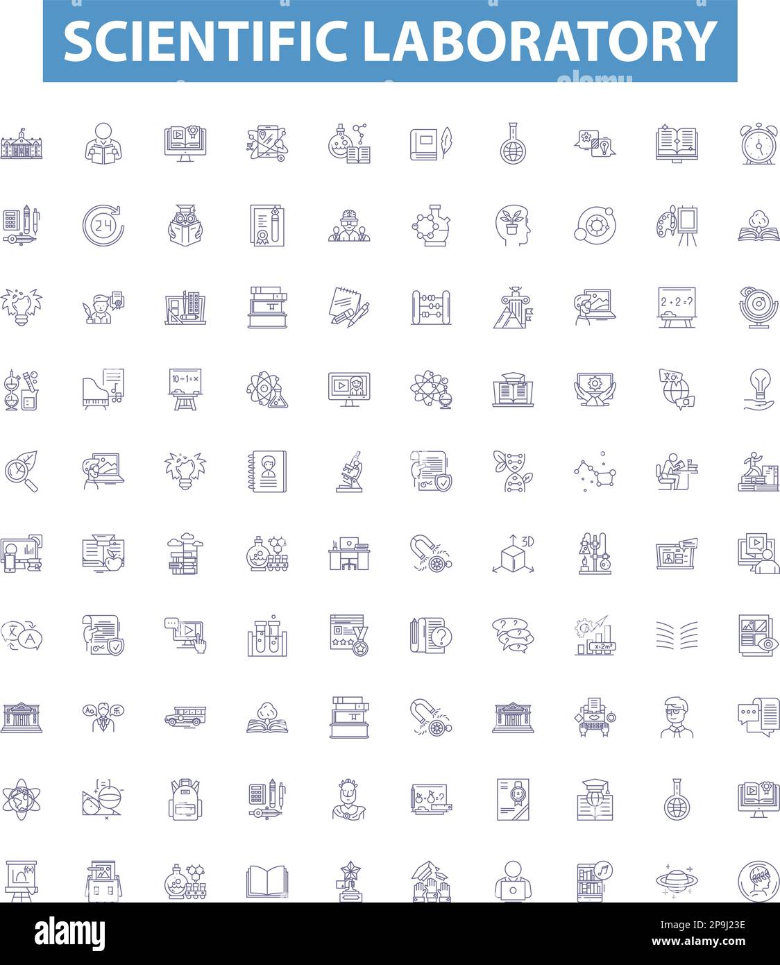 Icone linea laboratorio scientifico, set di segni. Scientifico, laboratorio, Test, Ricerca, Strumenti, Esperimenti, sostanze chimiche, analisi, schema dei campioni Illustrazione Vettoriale