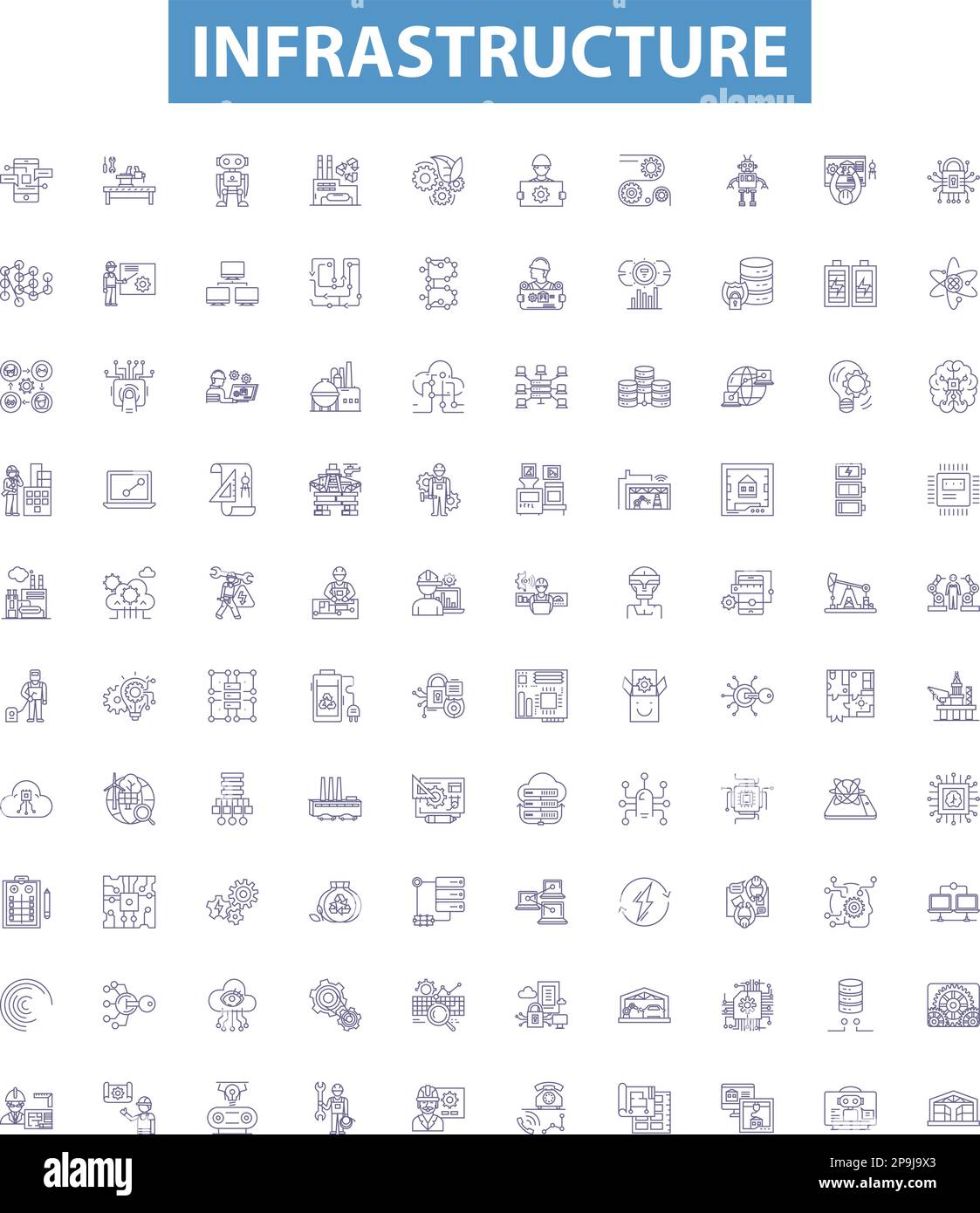 Icone delle linee dell'infrastruttura, set di segnali. Edifici, strade, ponti, fognature, servizi di pubblica utilità, potenza, acqua, telecomunicazioni, trasporti delineano illustrazioni vettoriali. Illustrazione Vettoriale