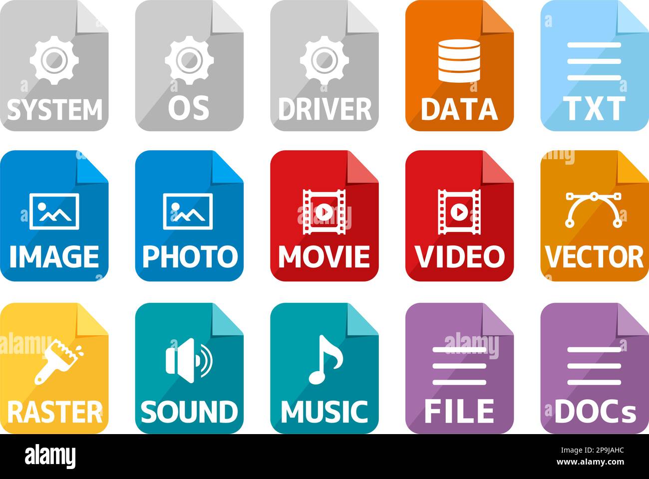 Set di illustrazioni con icone vettoriali di vari tipi di file Illustrazione Vettoriale
