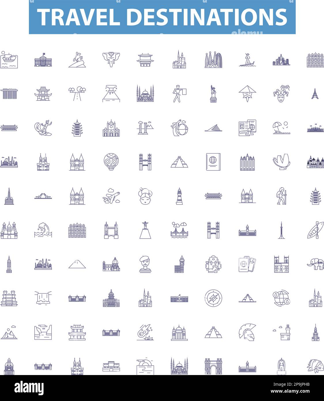 Icone delle linee delle destinazioni di viaggio, set di segnali. India, Messico, Francia, Giappone, Italia, Thailandia, Spagna, Canada, Marocco delineano illustrazioni vettoriali. Illustrazione Vettoriale