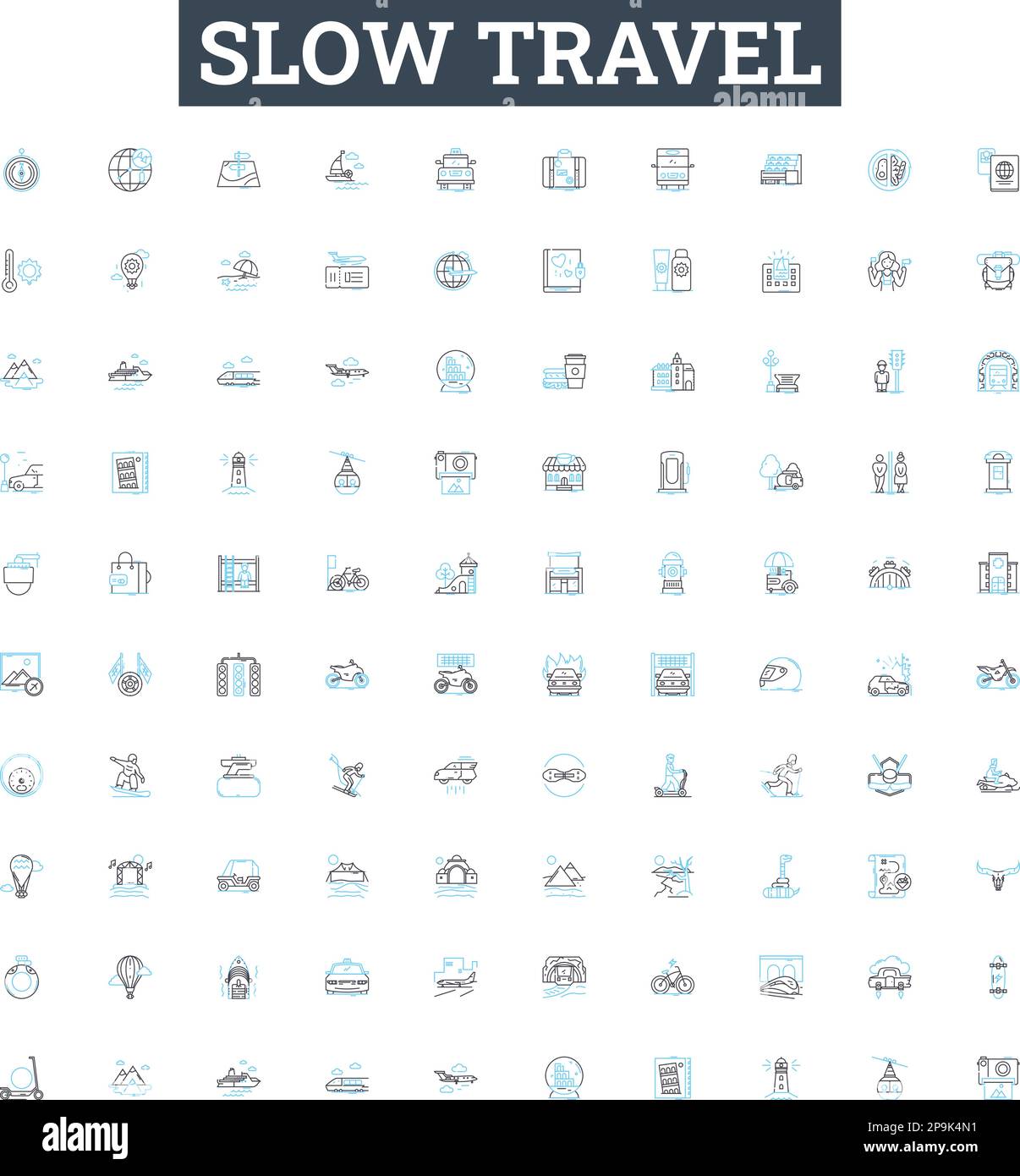 Icone linea vettoriale di marcia lenta impostate. Lento, Viaggi, sostenibile, Ecoturismo, responsabile, Illustrazione locale basata sulla comunità, simboli del concetto di contorno e. Illustrazione Vettoriale