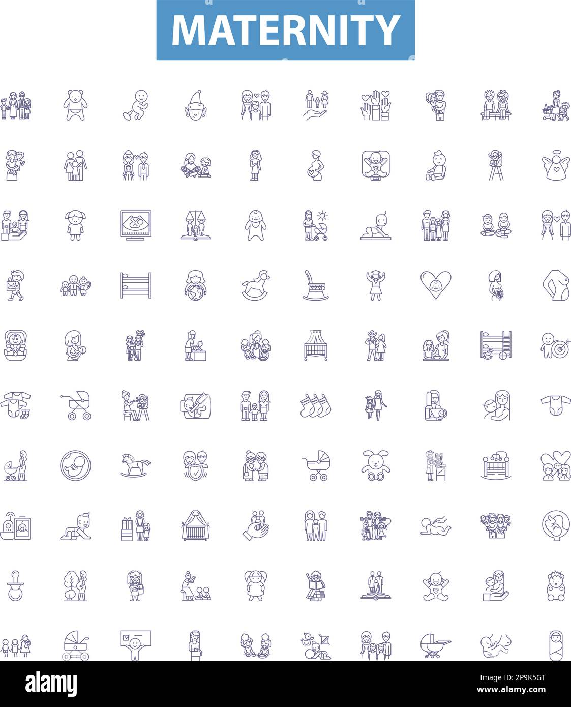 Icone linea maternità, set di segni. Gravidanza, parto, parto, maternità, allattamento, gestazione, neonatale, infantile, vettore di contorno midwiferico Illustrazione Vettoriale
