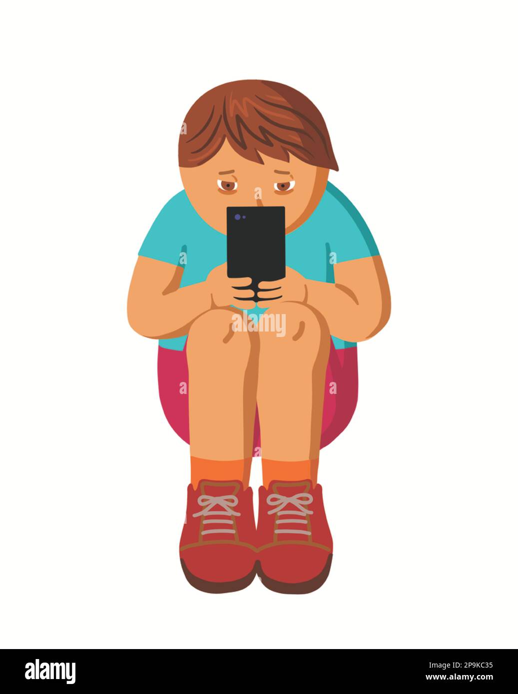 Un giovane bambino caucasico bianco che guarda lo schermo del telefono cellulare con triste e depressione. Concetto di malattia mentale. Illustrazione vettoriale. Illustrazione Vettoriale