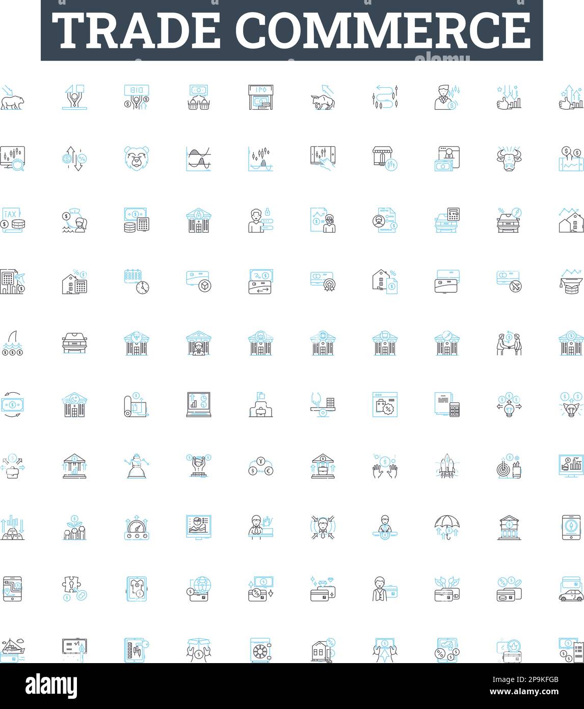 Set di icone di linee vettoriali per il commercio commerciale. Commercio, commercio, esportazione, importazione, merchandise, Compra, vendi illustrazioni delineare simboli e segni di concetto Illustrazione Vettoriale
