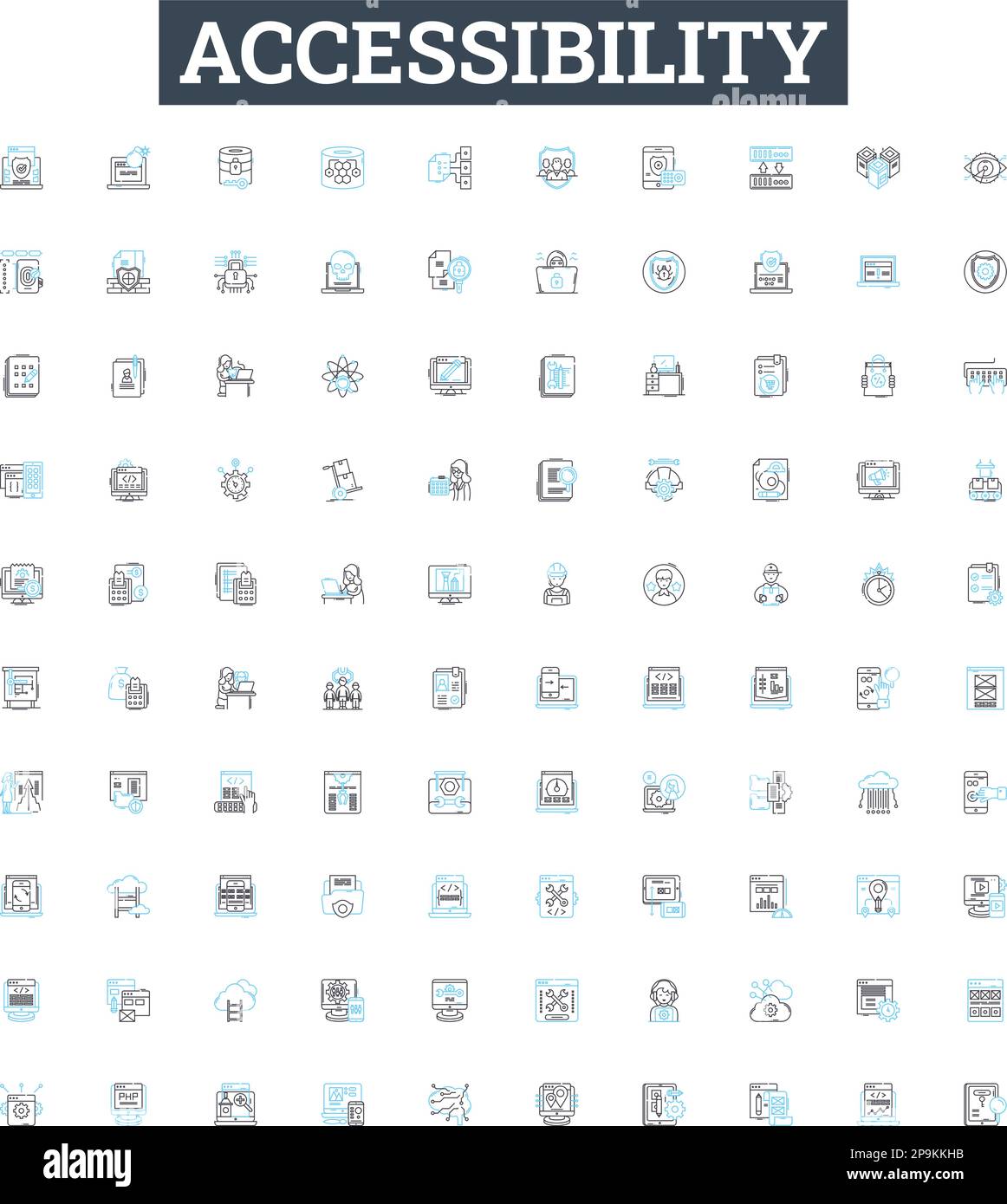 Icone di linea vettoriale di accessibilità impostate. Accessibile, facilità, mobilità, aiuti, adattabilità, Permeabilità, usabilità illustrazione delineare i simboli del concetto e. Illustrazione Vettoriale