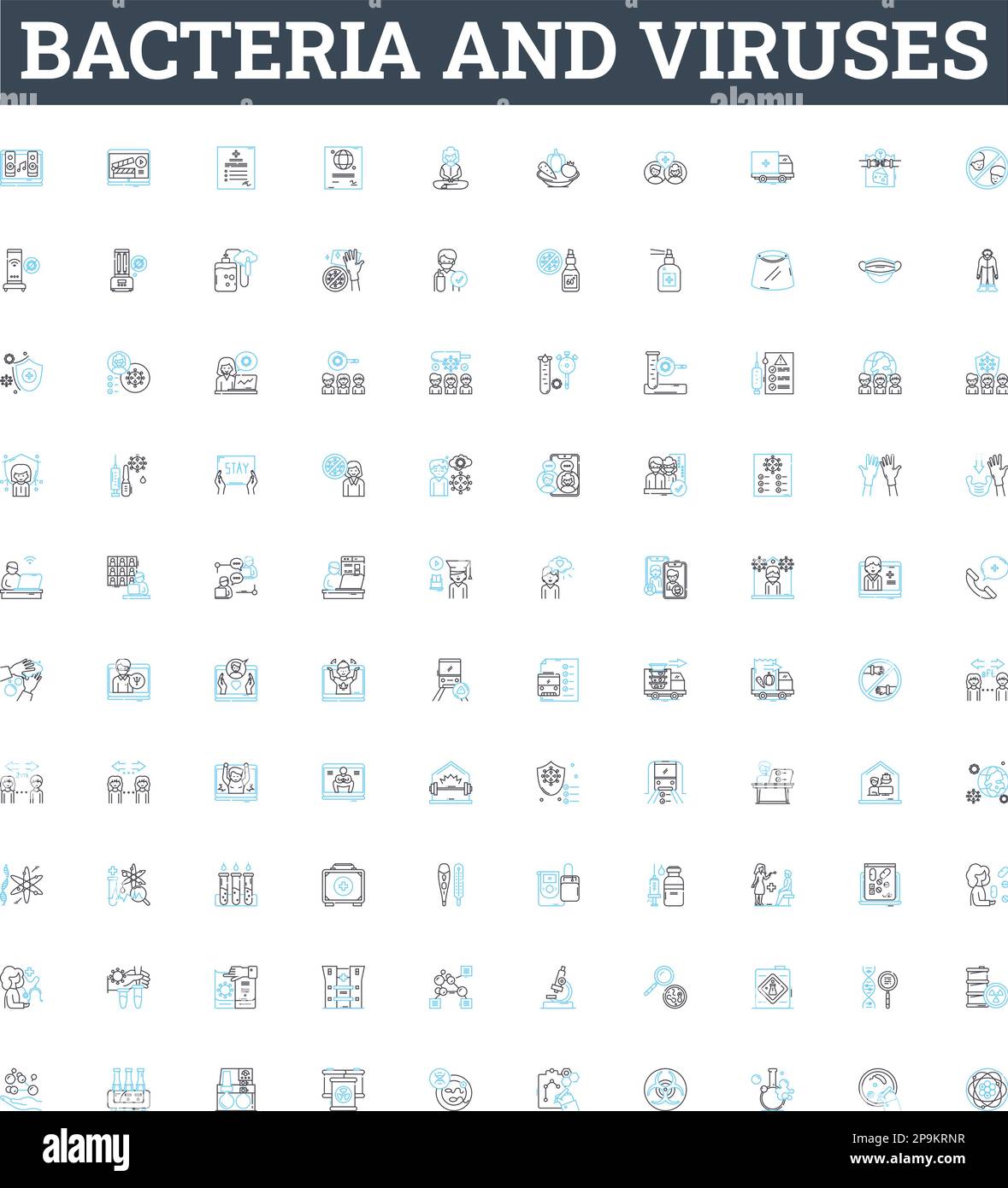 Set di icone di linee vettoriali per batteri e virus. Batteri, virus, microbi, patogeni, antibiotico, Concetto di illustrazione antimicrobica, antivirale Illustrazione Vettoriale