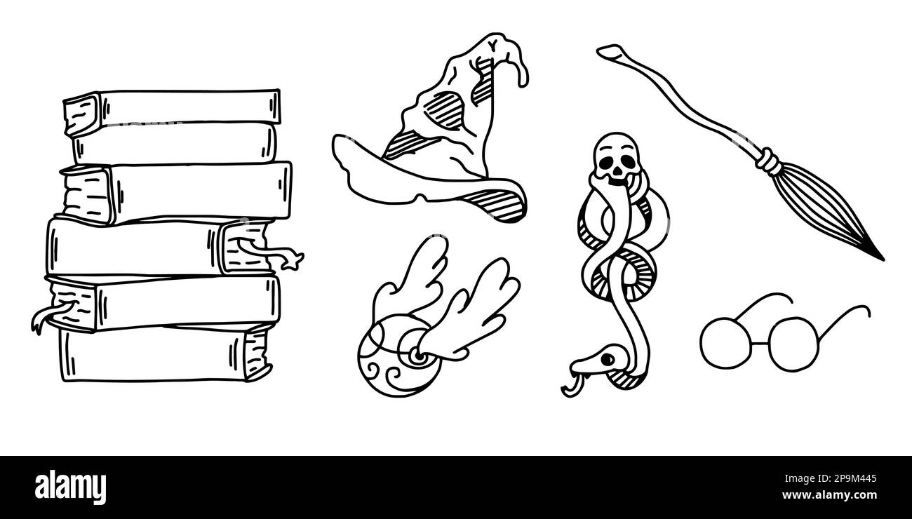 Set di elementi. Scuola di magia e stregoneria. Illustrazione vettoriale isolata su sfondo bianco. Illustrazione Vettoriale