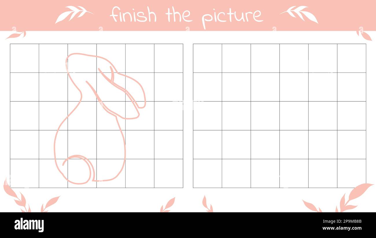 Terminare la foto. Completare l'illustrazione del coniglietto. Copia immagine coniglio. Vector Pasqua gioco educativo. Esercizio scolastico per bambini Illustrazione Vettoriale