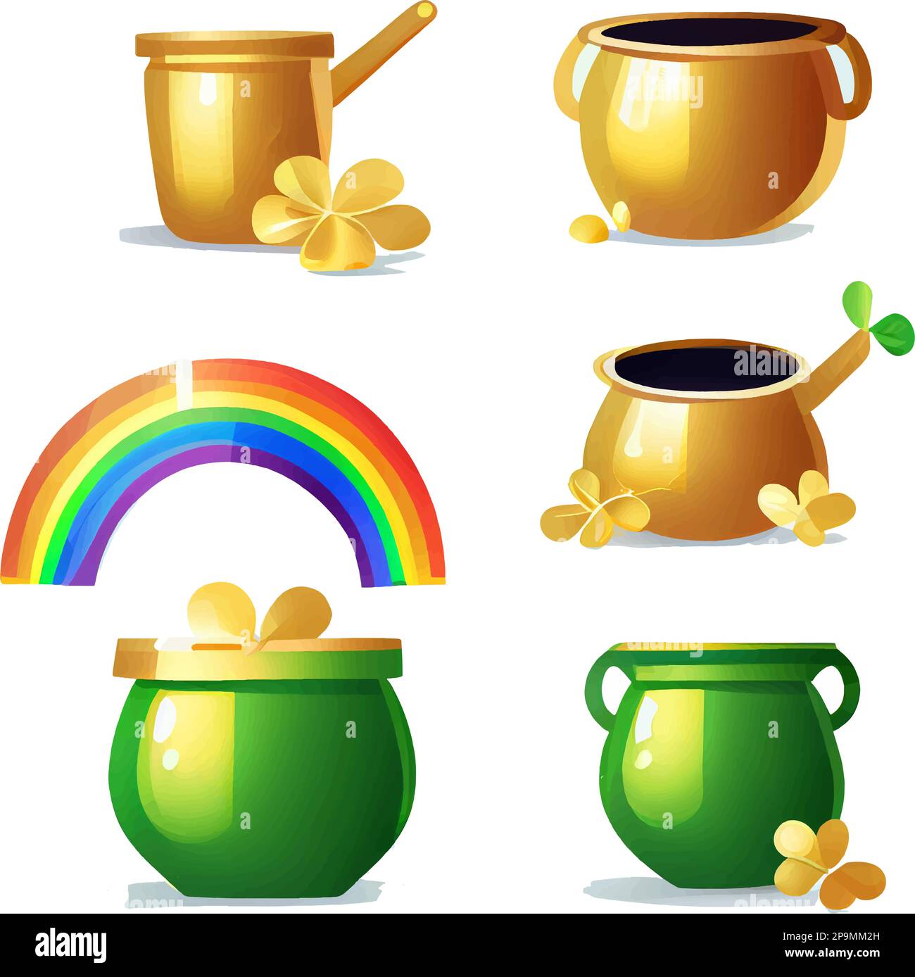 imposta l'illustrazione vettoriale delle monete d'oro iin magic pot solate su sfondo bianco Illustrazione Vettoriale