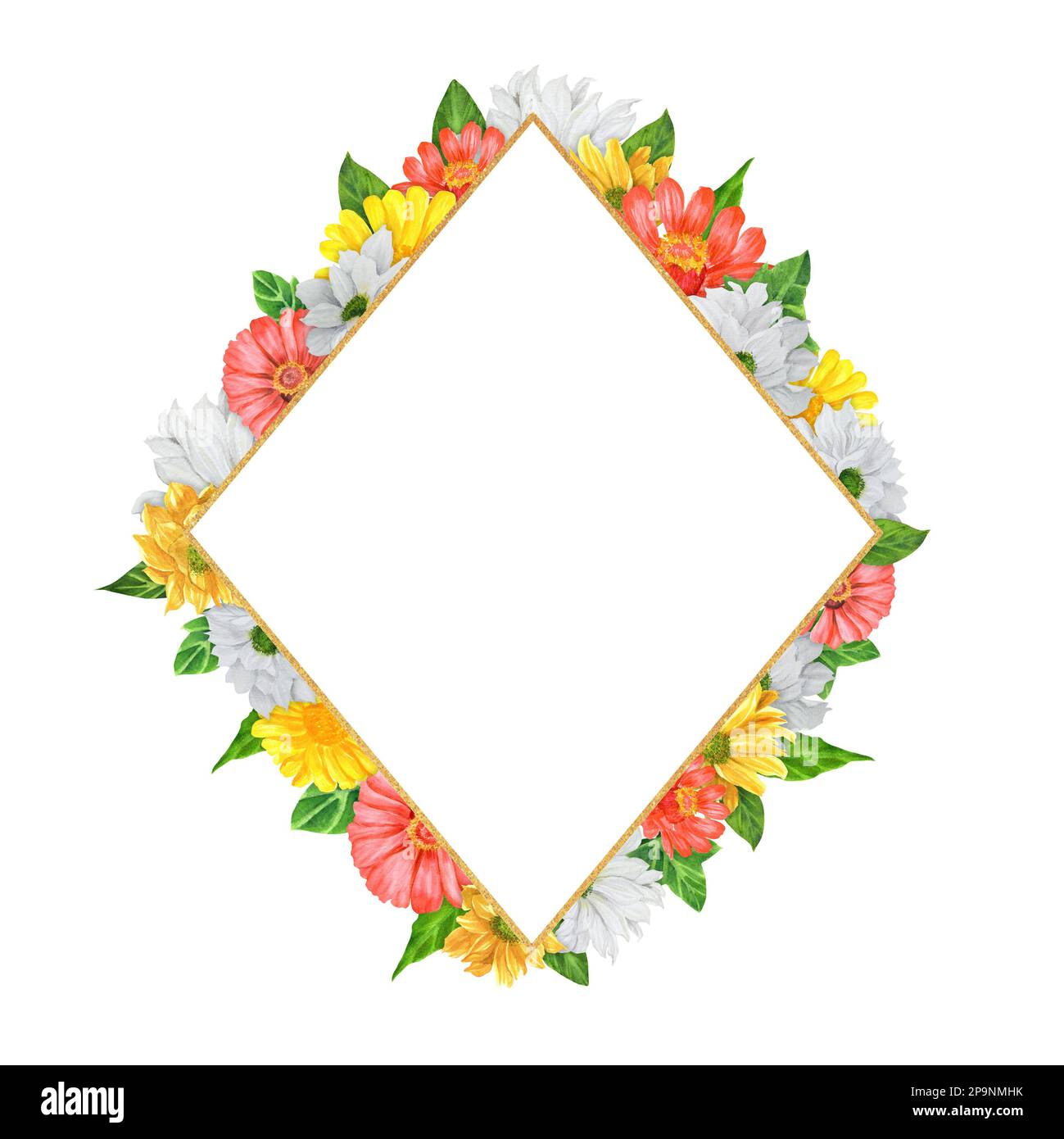 Composizione acquerello disegnata a mano. Telaio rombo con crisantemo e fiori di zinnia. Una piccola parte del grande giardino DEGLI UCCELLI set Foto Stock