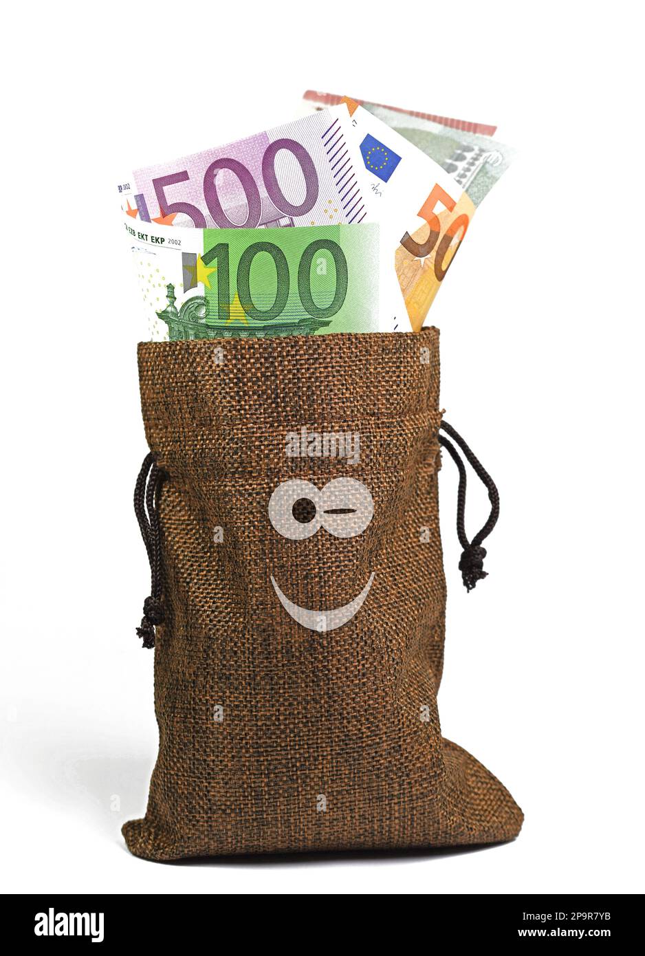 Borsa in iuta con carta moneta e volto sorridente Foto Stock
