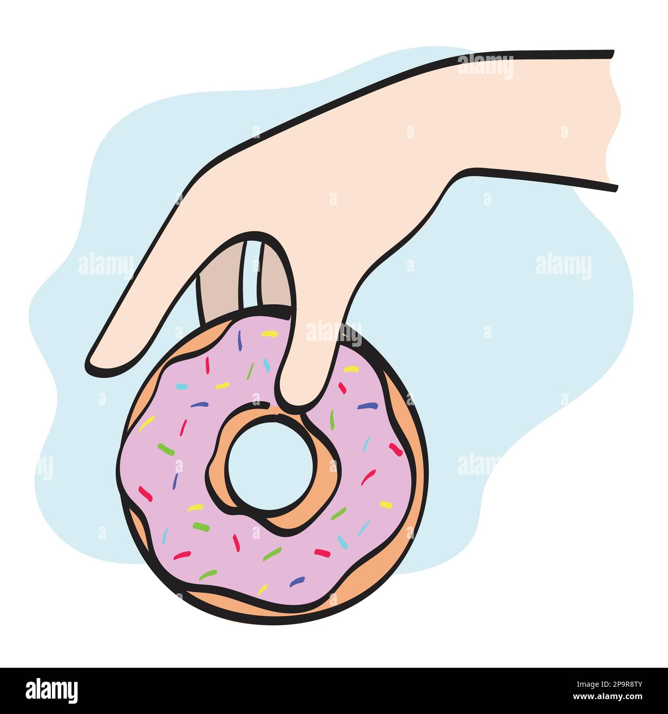 closeup mano che tiene ciambella di fragola illustrazione vettore disegnato a mano isolato su sfondo bianco linea art. Illustrazione Vettoriale