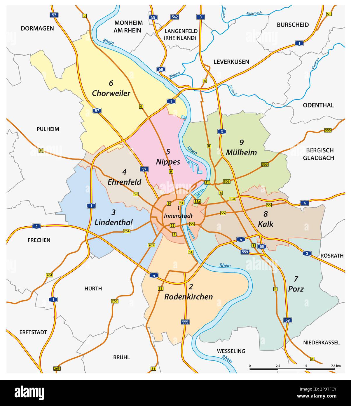 Mappa amministrativa e stradale della città di Colonia, Germania Foto Stock