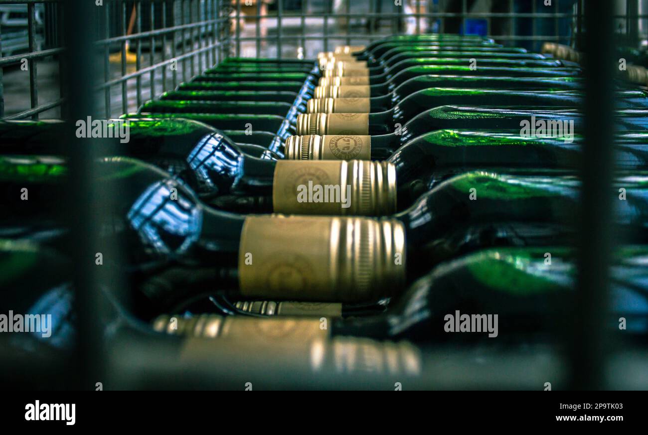 Linea di imbottigliamento vino - impianto automatico in cantina foto stock. Fabbrica di bottiglie, stack / pile di bottiglie Foto Stock